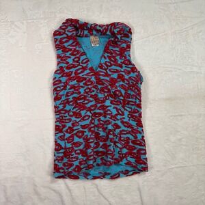 F.L. Malik Sleeveless V-Neck Top S Turquoise Red Flocked Textured Y2K Women